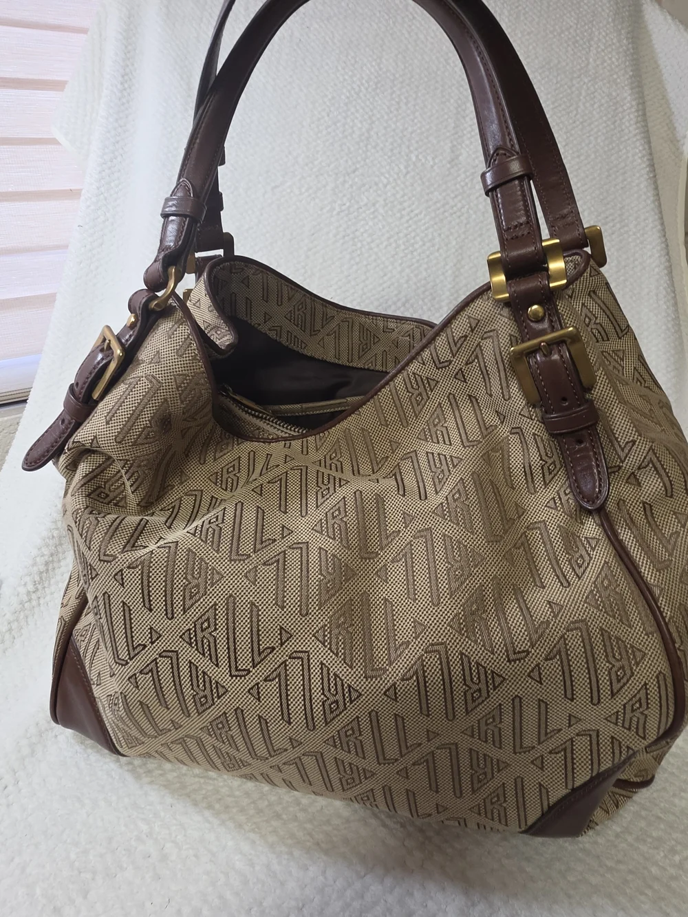 Vintage Lauren Ralph Lauren Monogram Jacquard Hobo Shoulder Bag - Very Good